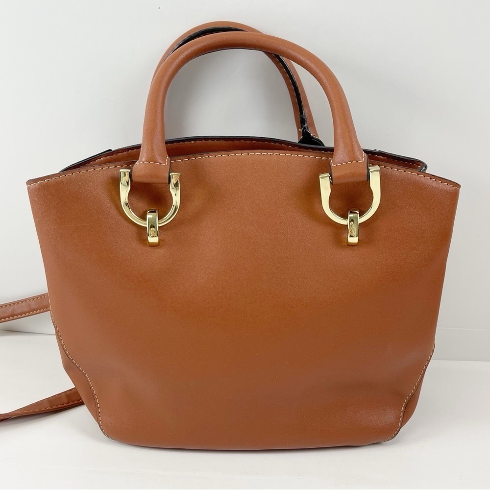 London Fog Satchel Tan Cognac Color Crossbody Multiple Pockets Sections - Picture 3 of 14
